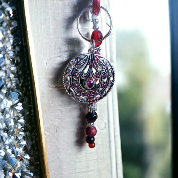 Red, Silver & Black Hand Crafted Beaded Keychain - Picture 6 of 8